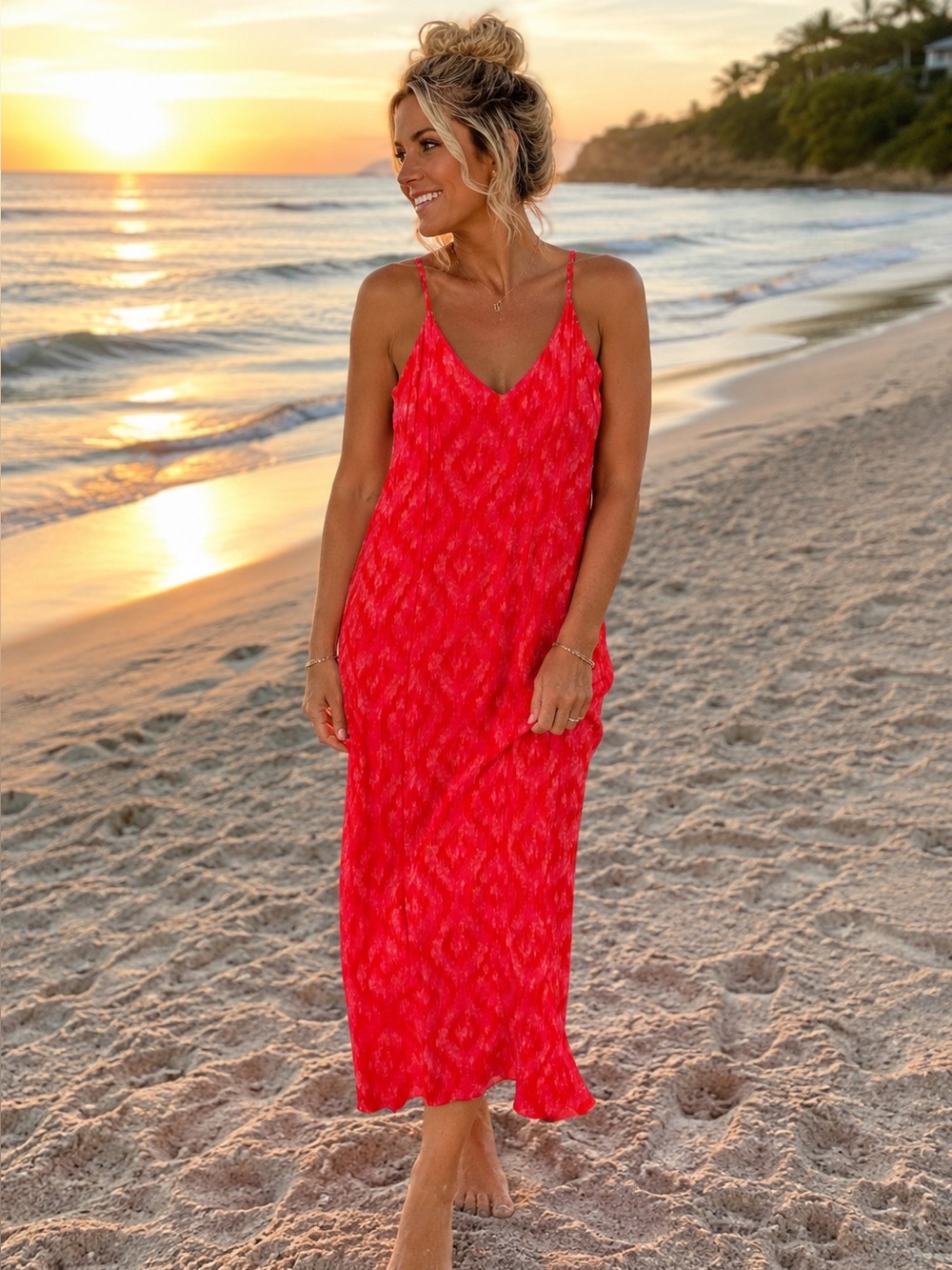 Slip Maxi Dress in Vibrant Pink with Red and White